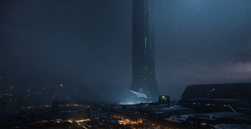 Futuristic Cityscape at Night — Blue, Dramatic, Digital Art, Rain, Skyscraper