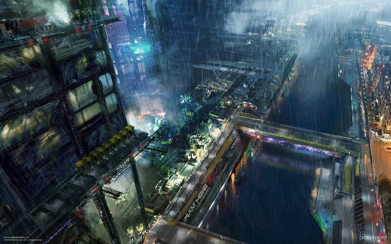 Futuristic Cityscape at Night — Blue, Dramatic, Digital Art, Rain