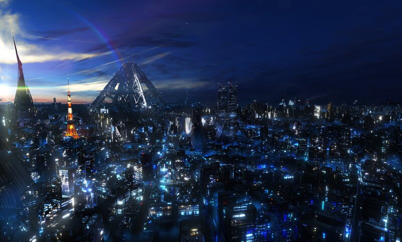 Futuristic Cityscape at Night — Blue, Dramatic, Digital Art, Skyscraper