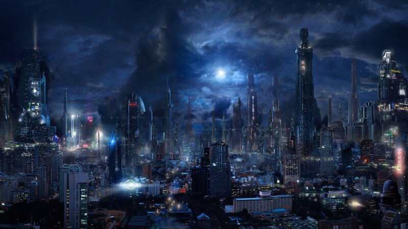 Futuristic Cityscape at Night — Blue, Dramatic, Digital Art, Skyscrapers, Clouds