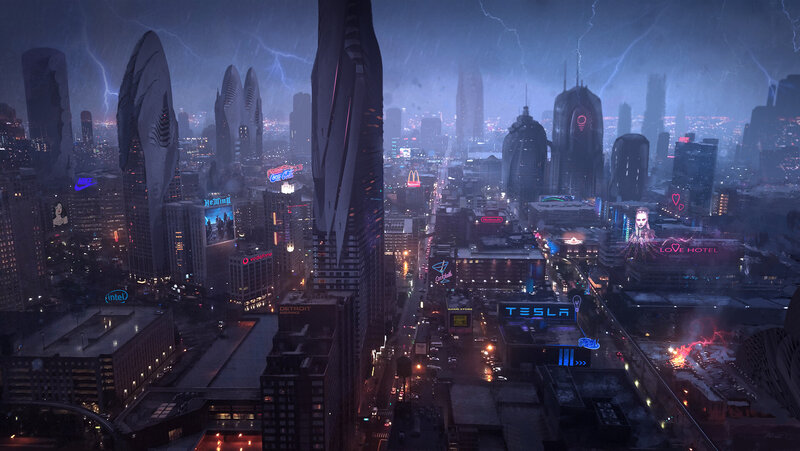 Futuristic Cityscape at Night — Blue, Dramatic, Digital Art, Skyscrapers, Neon Signs, Lightning
