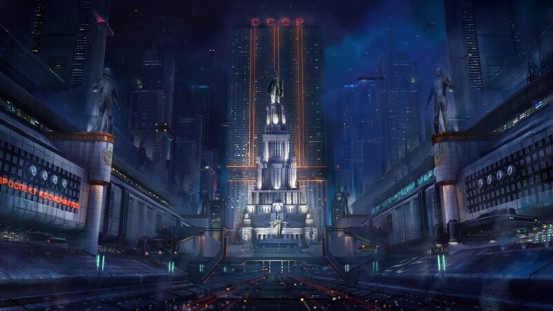 Futuristic Cityscape at Night — Blue, Dramatic, Digital Art, Skyscrapers, Statues