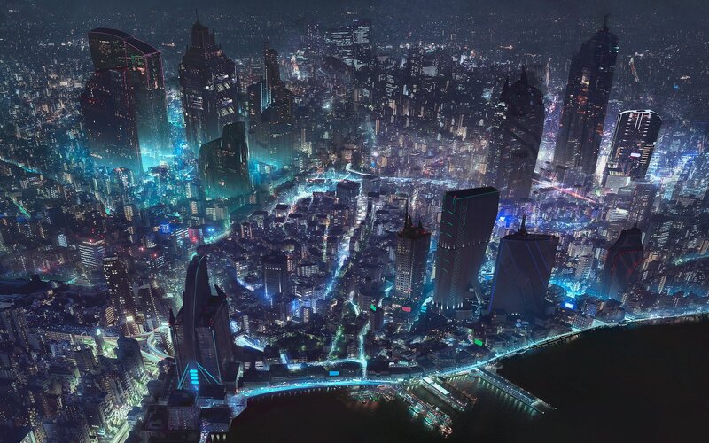 Futuristic Cityscape at Night — Blue, Dramatic, Digital Art, Skyscrapers