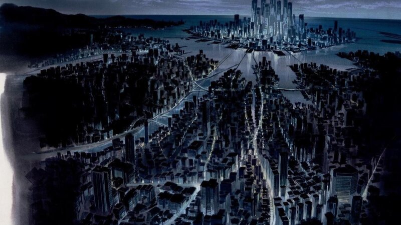 Futuristic Cityscape at Night — Blue, Dramatic, Digital Art, Skyscrapers, Water