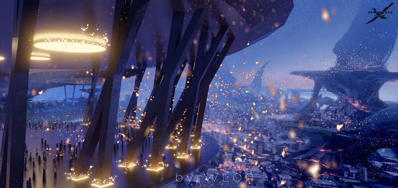Futuristic Cityscape at Night — Blue, Dramatic, Digital Art, Sparking Debris