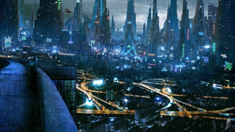 Futuristic Cityscape at Night — Blue, Dramatic, Digital Art