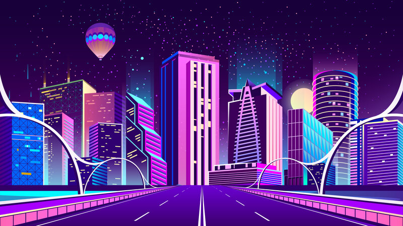 Futuristic Cityscape at Night — Purple, Digital Art, Hot Air Balloon