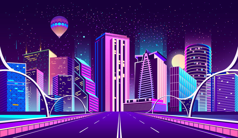 Futuristic Cityscape at Night — Purple, Digital Art
