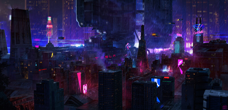 Futuristic Cityscape at Night — Purple, Dystopian