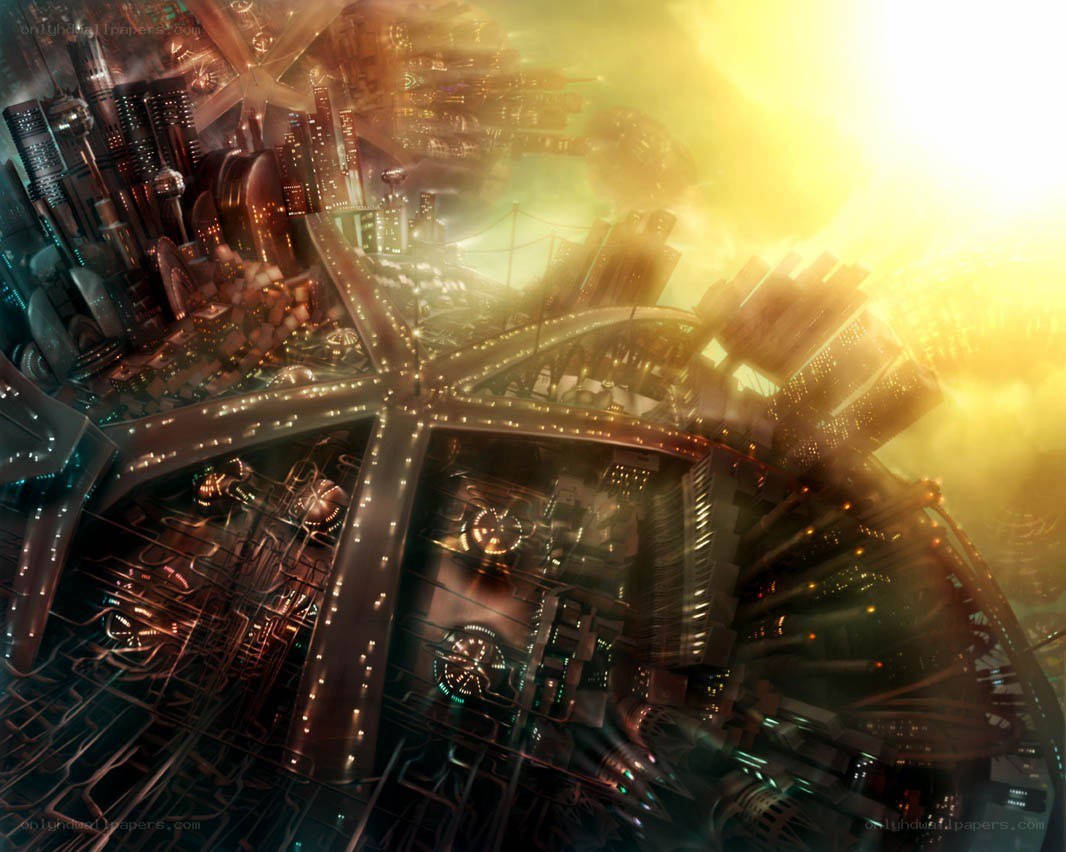 futuristic cityscape at sunrise