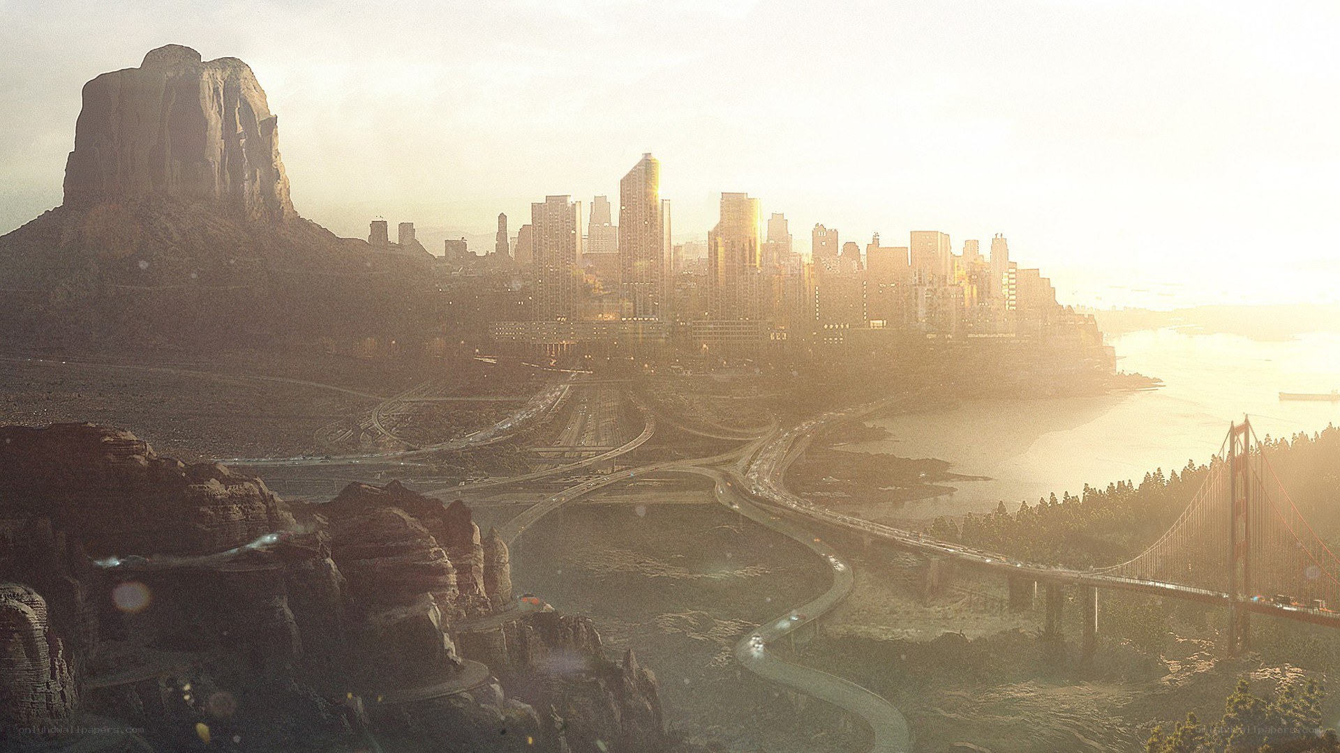 futuristic cityscape at sunrise