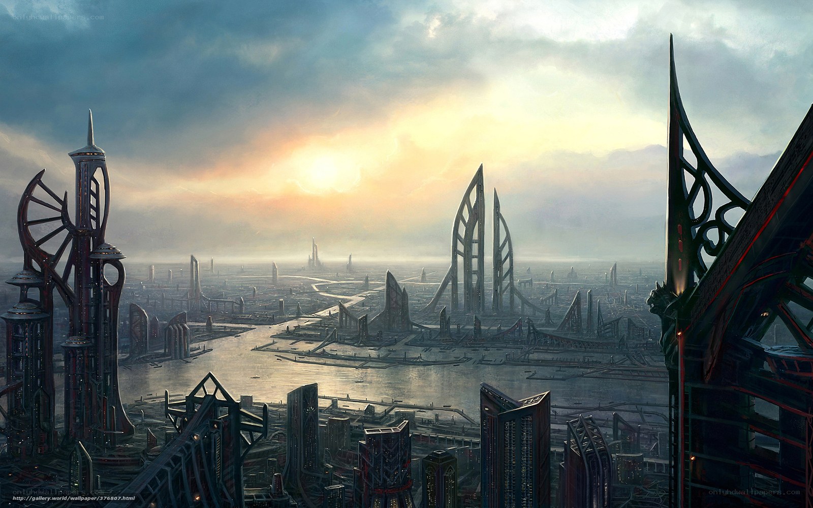 futuristic cityscape at sunrise