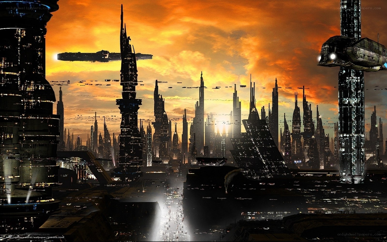 futuristic cityscape at sunset