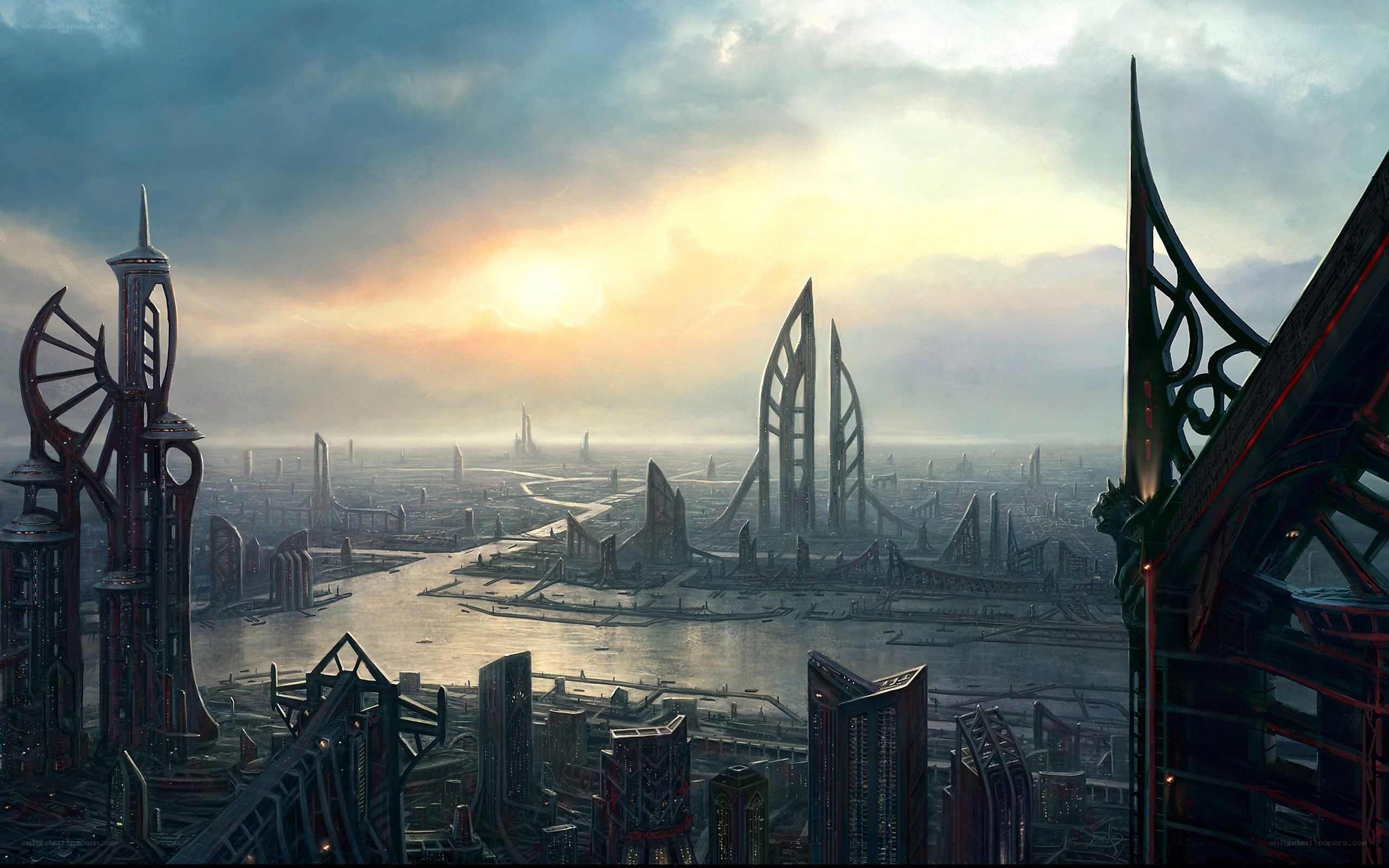 futuristic cityscape at sunset