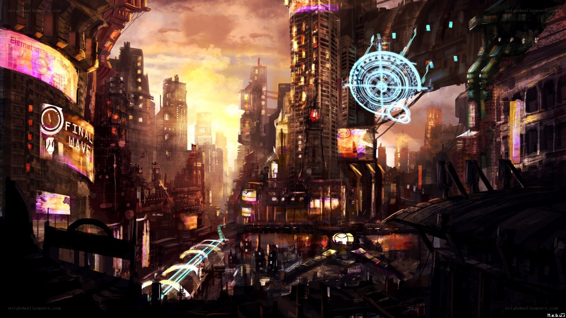 futuristic cityscape at sunset