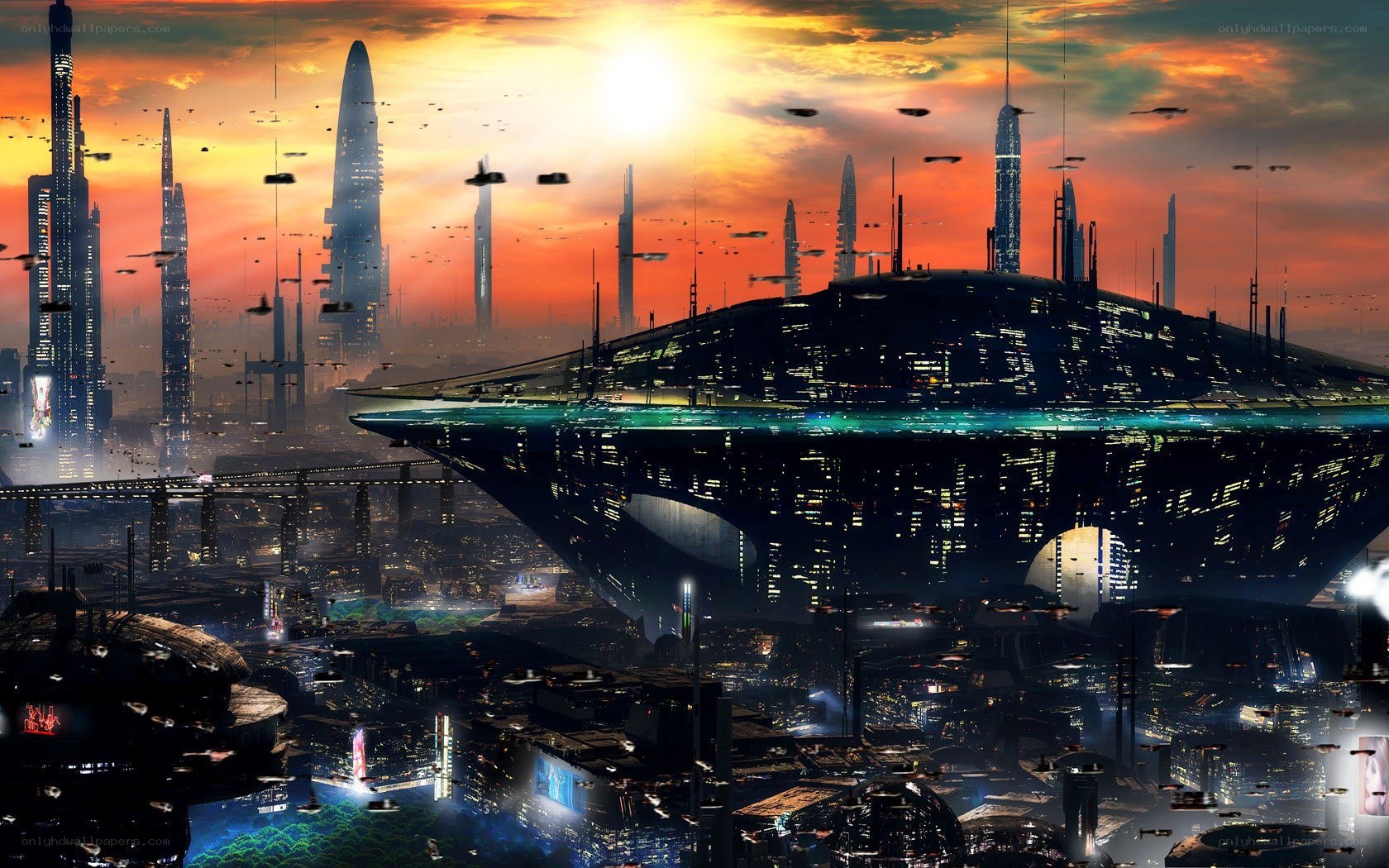 futuristic cityscape at sunset