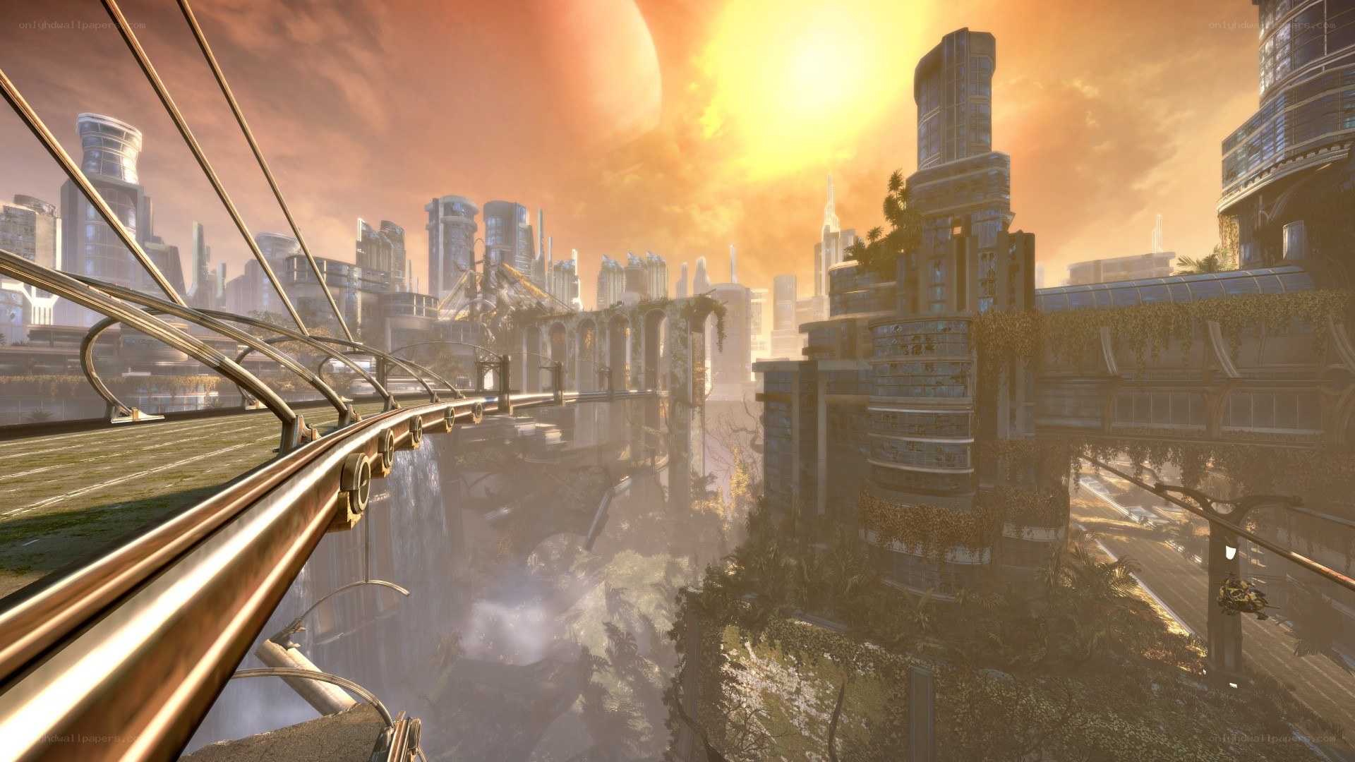futuristic cityscape at sunset