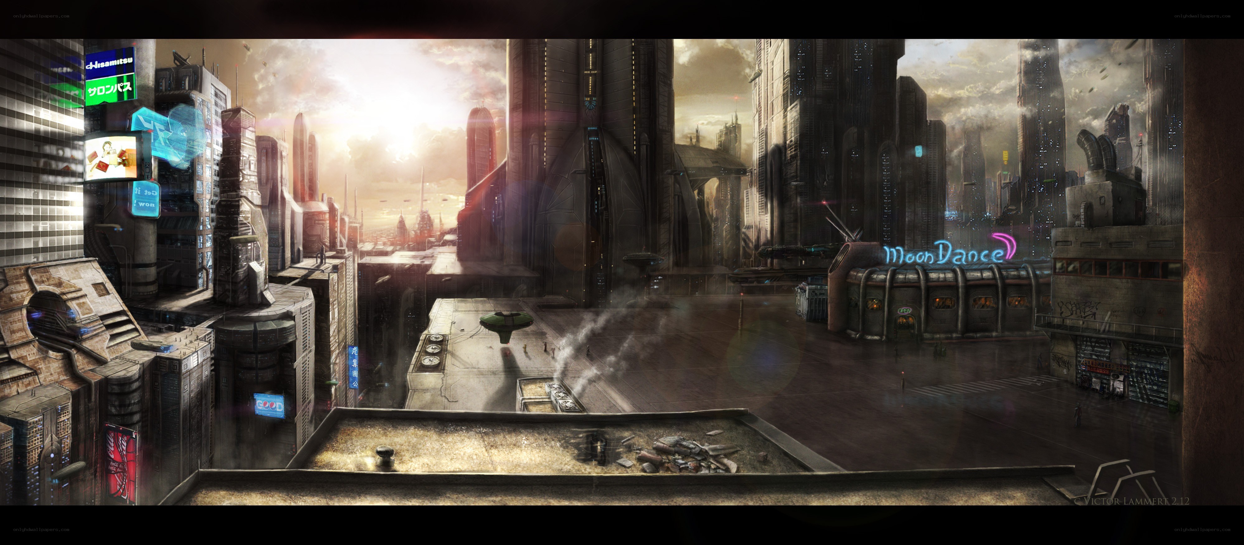 futuristic cityscape at sunset
