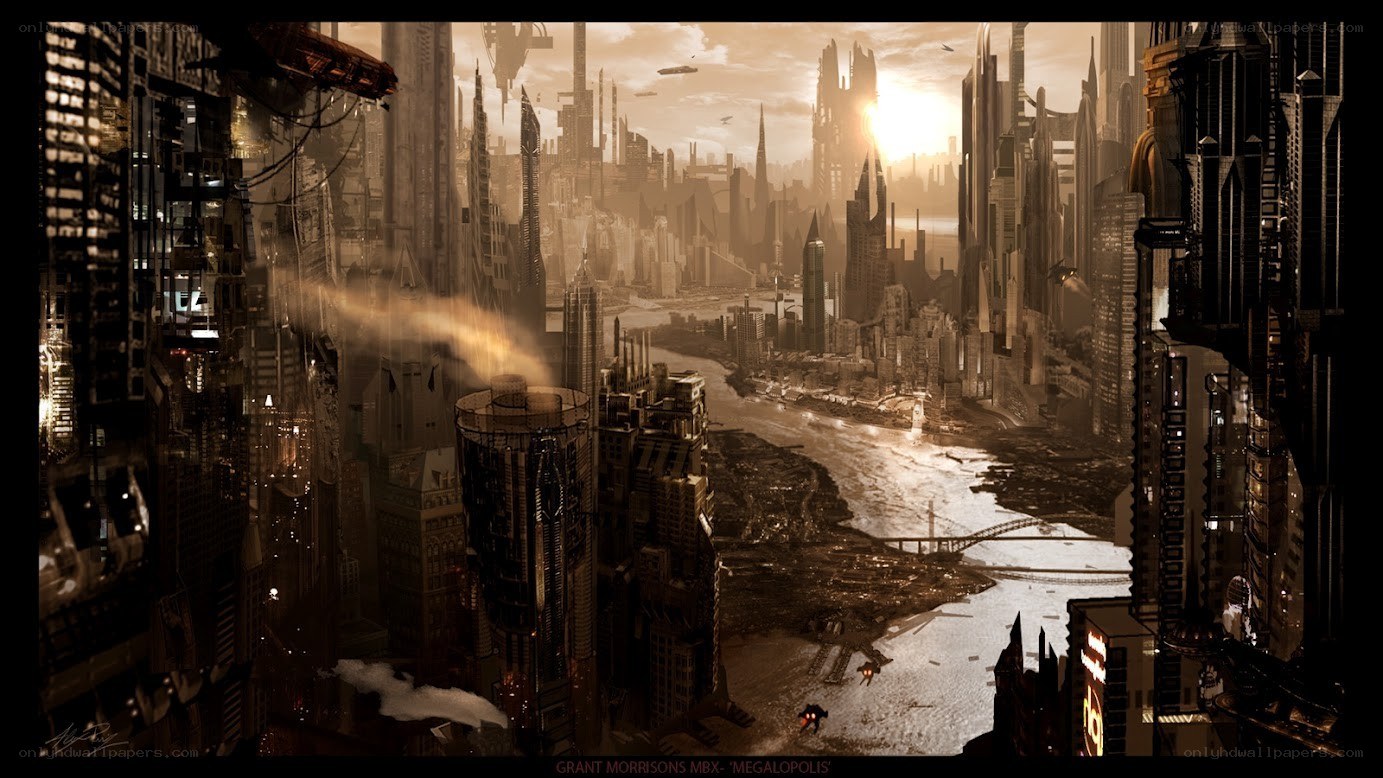 futuristic cityscape at sunset