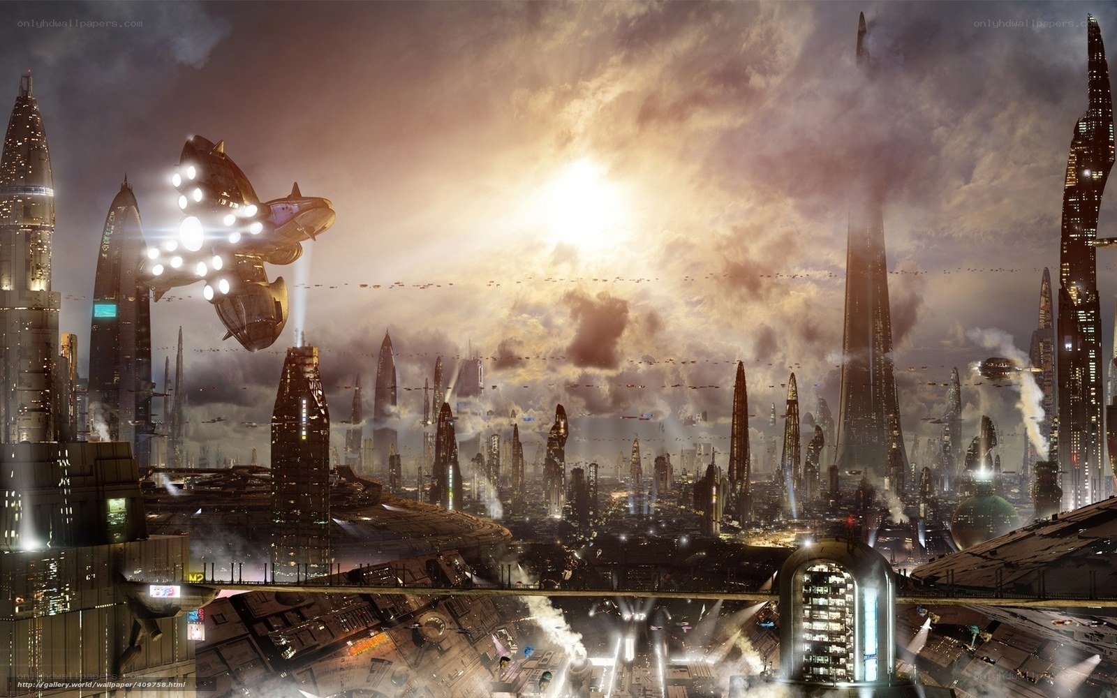 futuristic cityscape at sunset