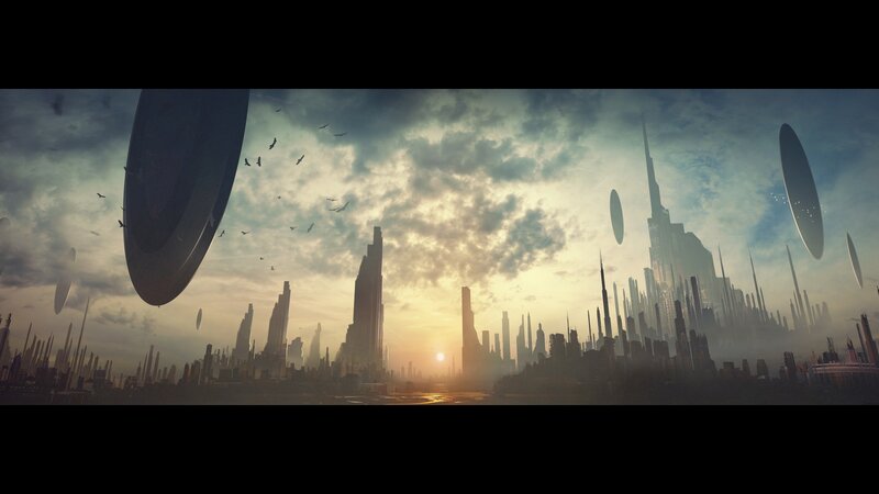 futuristic cityscape at sunset