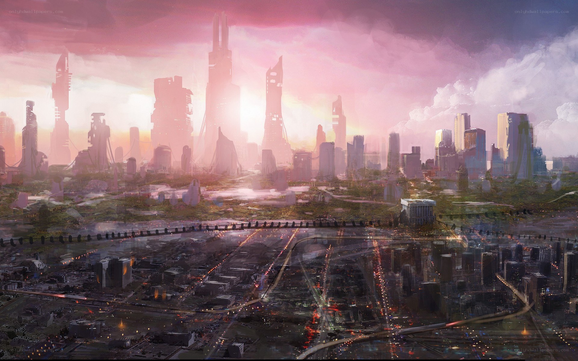 futuristic cityscape at sunset