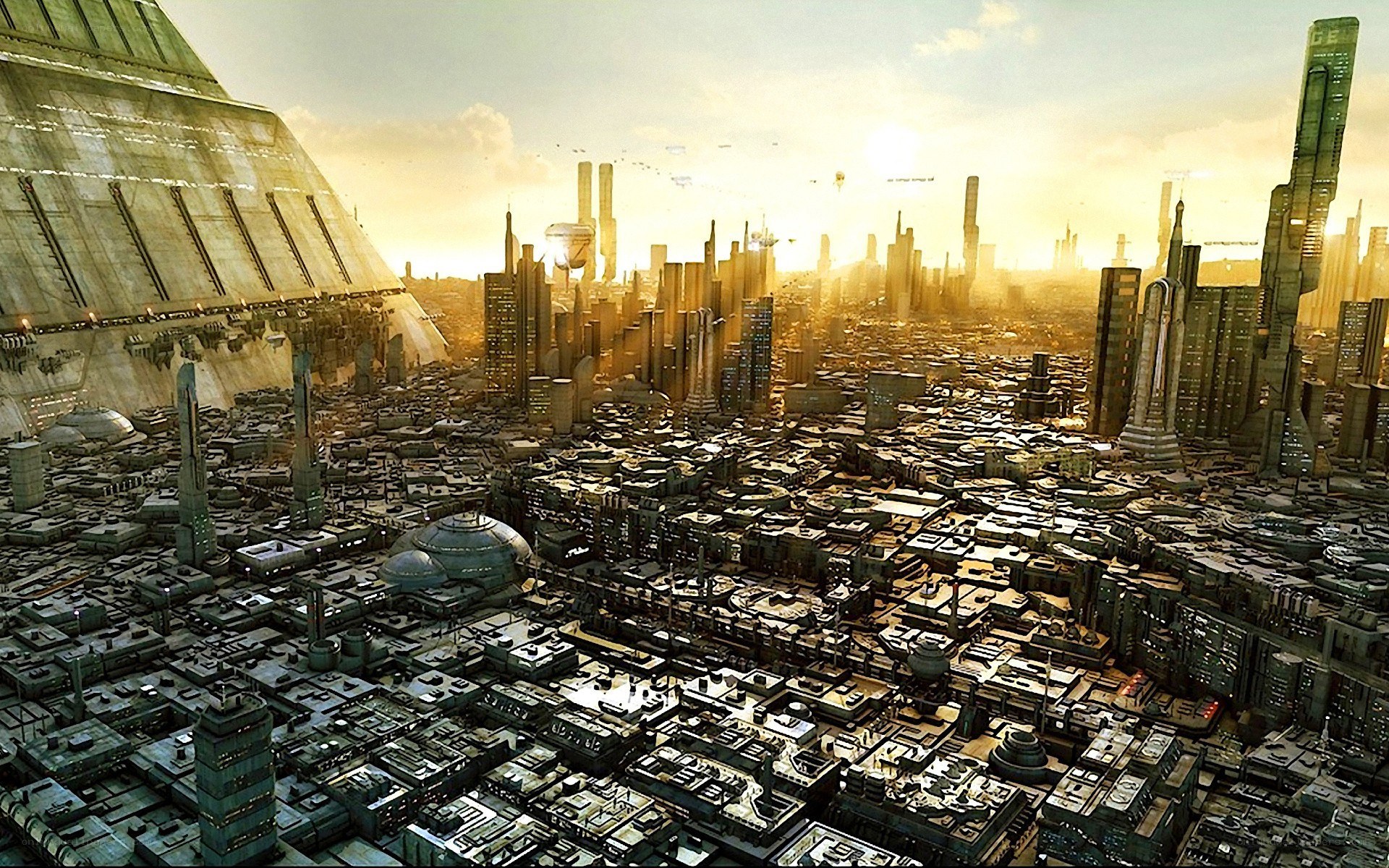 futuristic cityscape at sunset