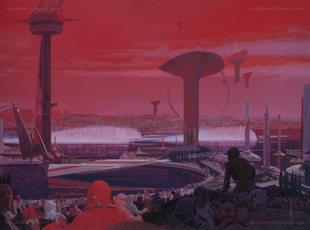 futuristic cityscape at sunset