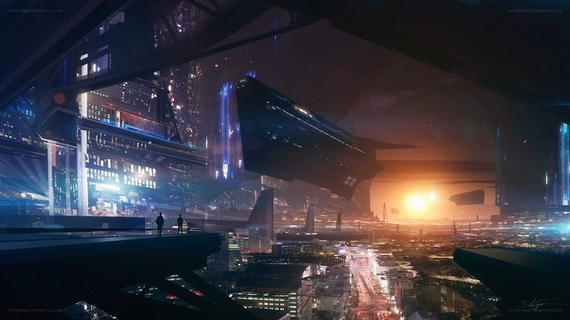 futuristic cityscape at sunset