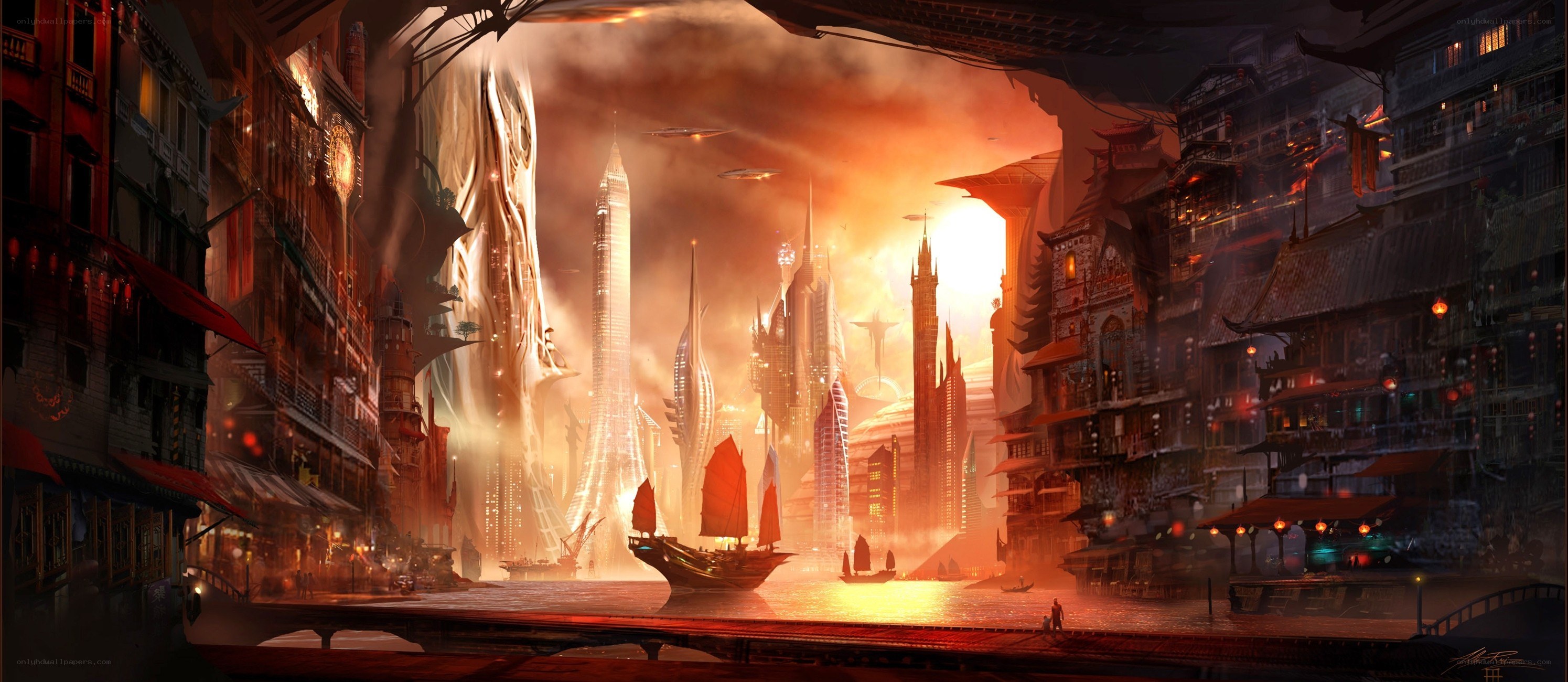 futuristic cityscape at sunset