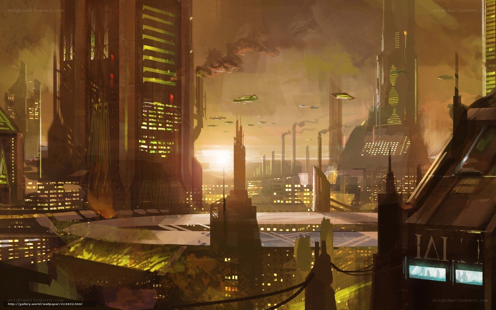 futuristic cityscape at sunset