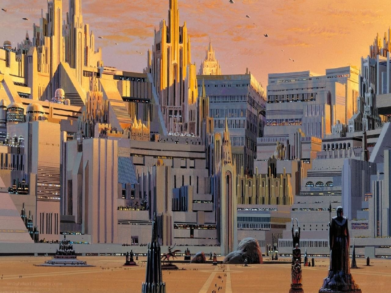 futuristic cityscape at sunset