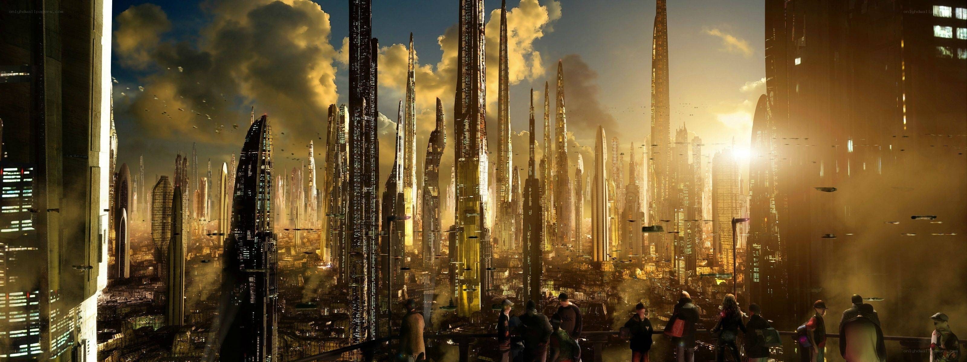 futuristic cityscape at sunset