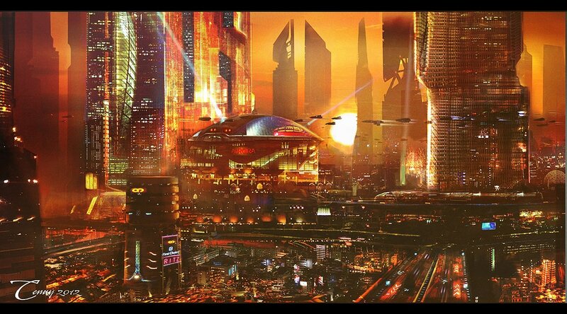 futuristic cityscape at sunset