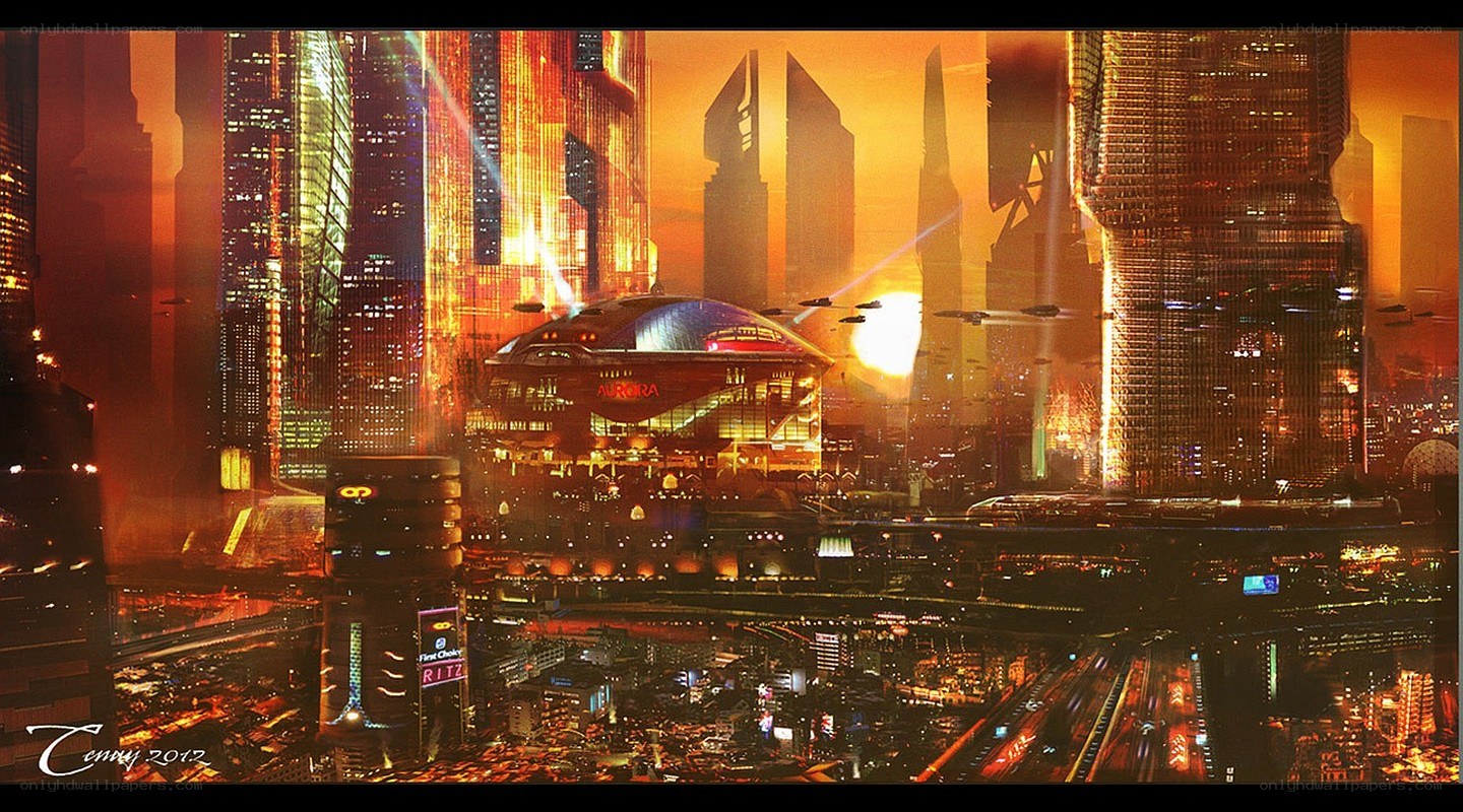 futuristic cityscape at sunset