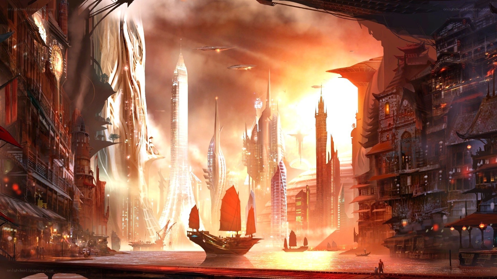 futuristic cityscape at sunset