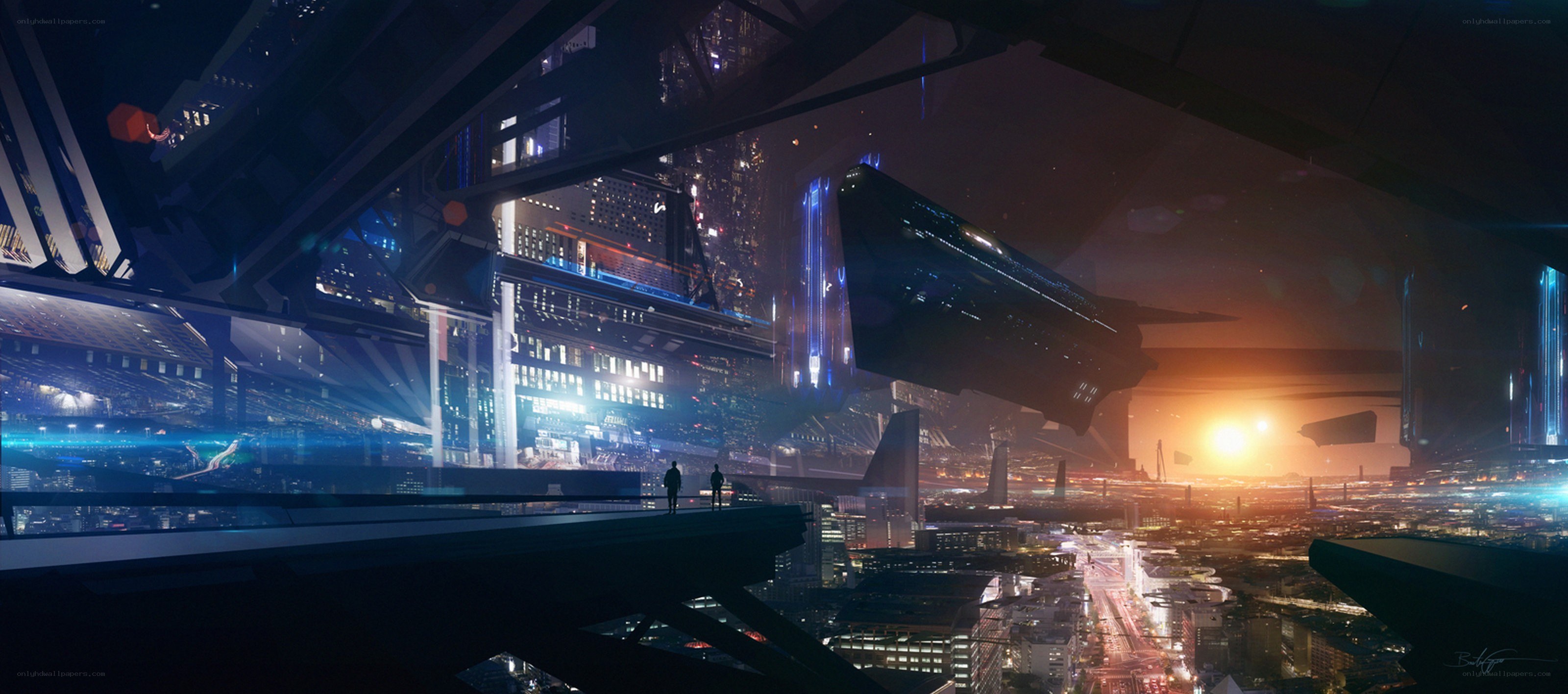 futuristic cityscape at sunset