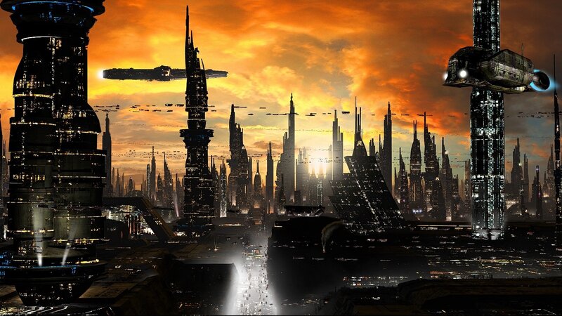 futuristic cityscape at sunset