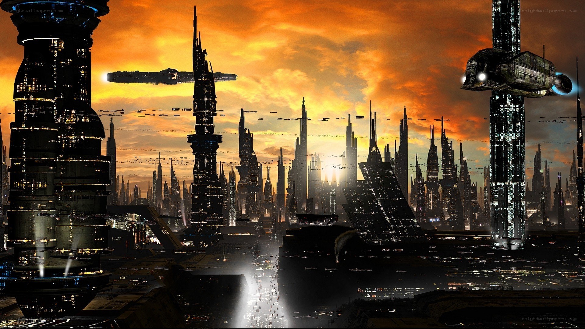 futuristic cityscape at sunset