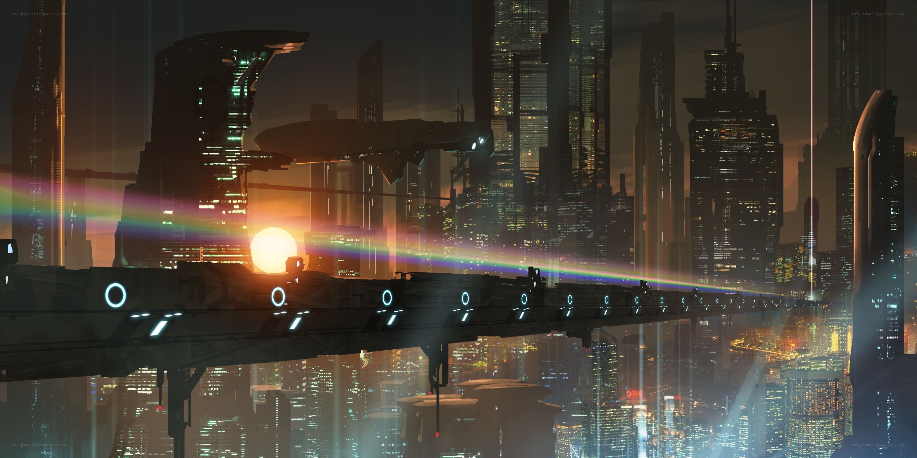 futuristic cityscape at sunset