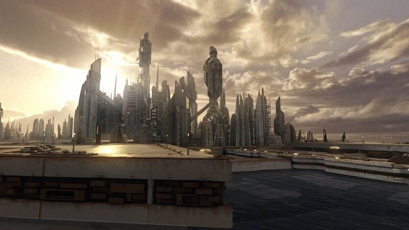 futuristic cityscape at sunset