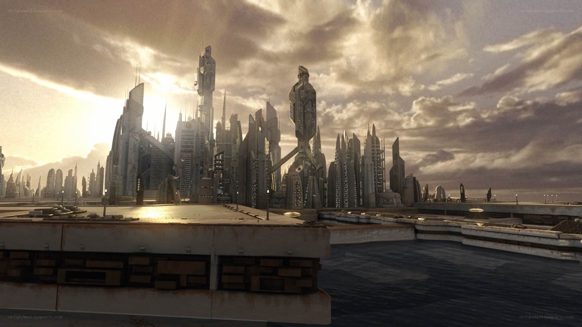 futuristic cityscape at sunset