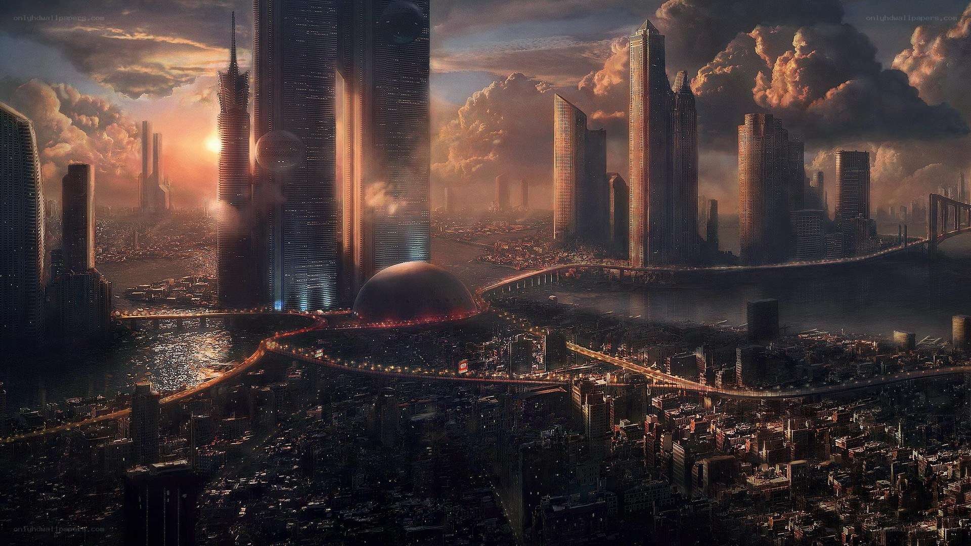 futuristic cityscape at sunset
