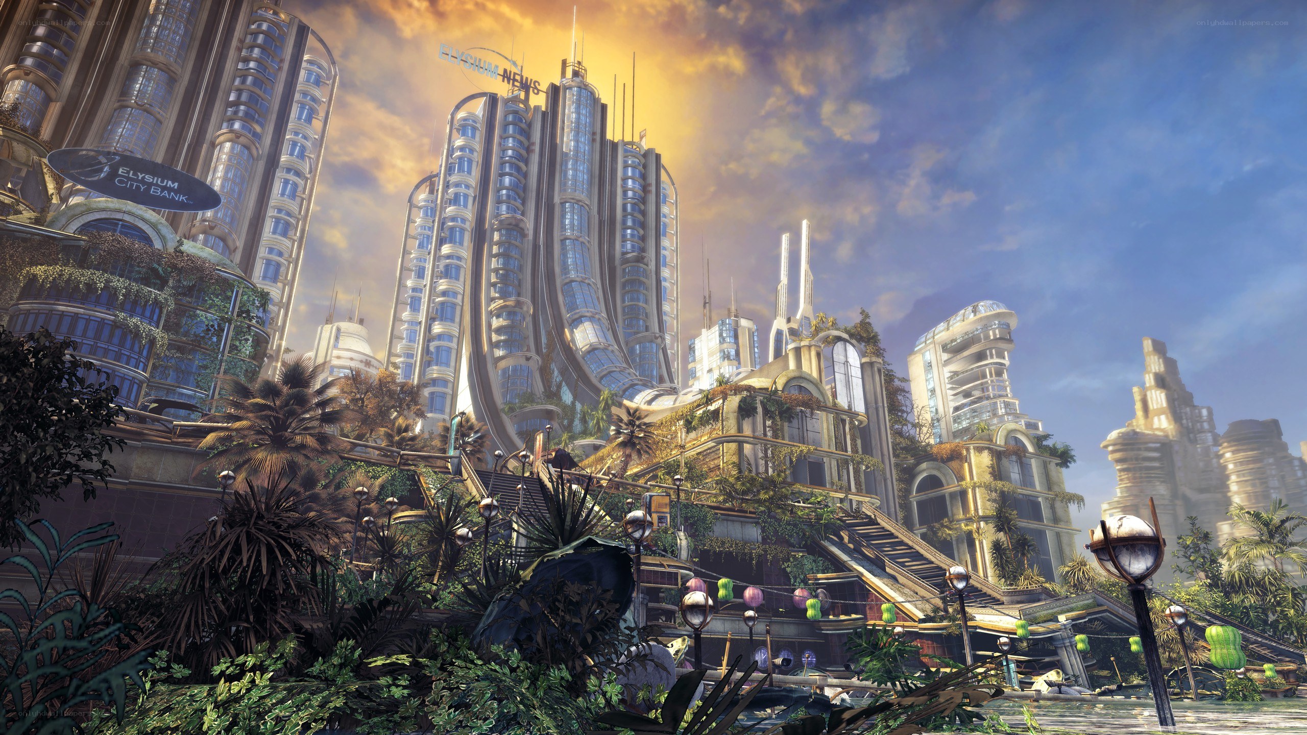 futuristic cityscape at sunset