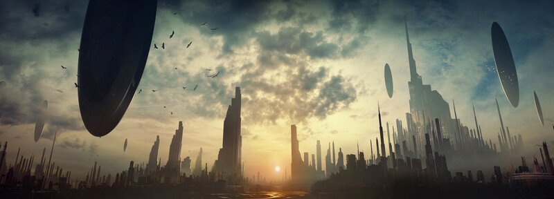 futuristic cityscape at sunset