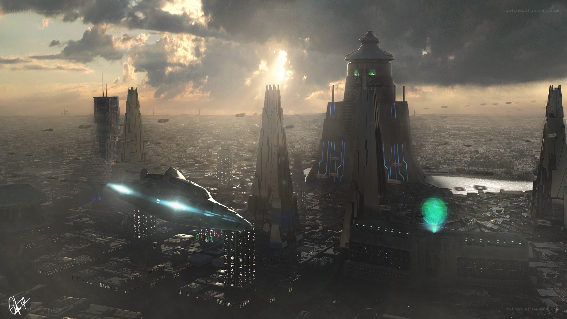 futuristic cityscape at sunset
