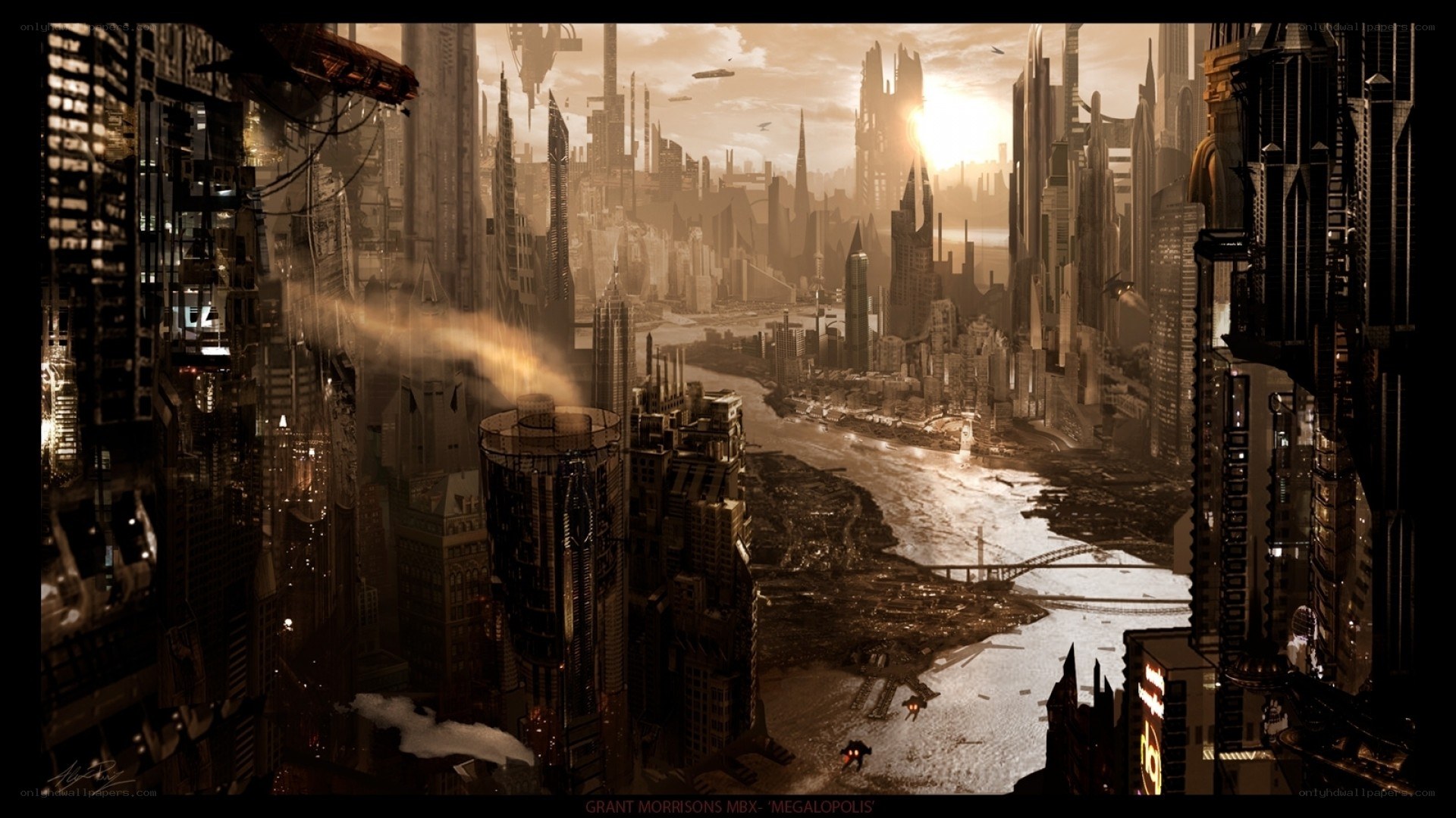 futuristic cityscape at sunset