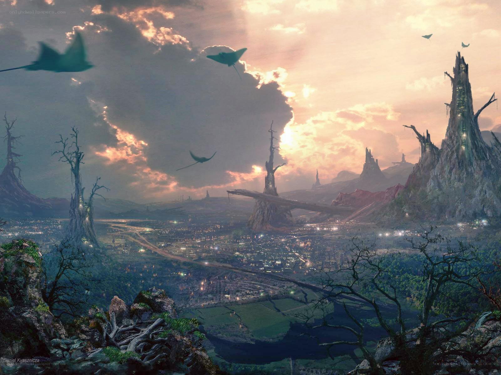 futuristic cityscape at sunset
