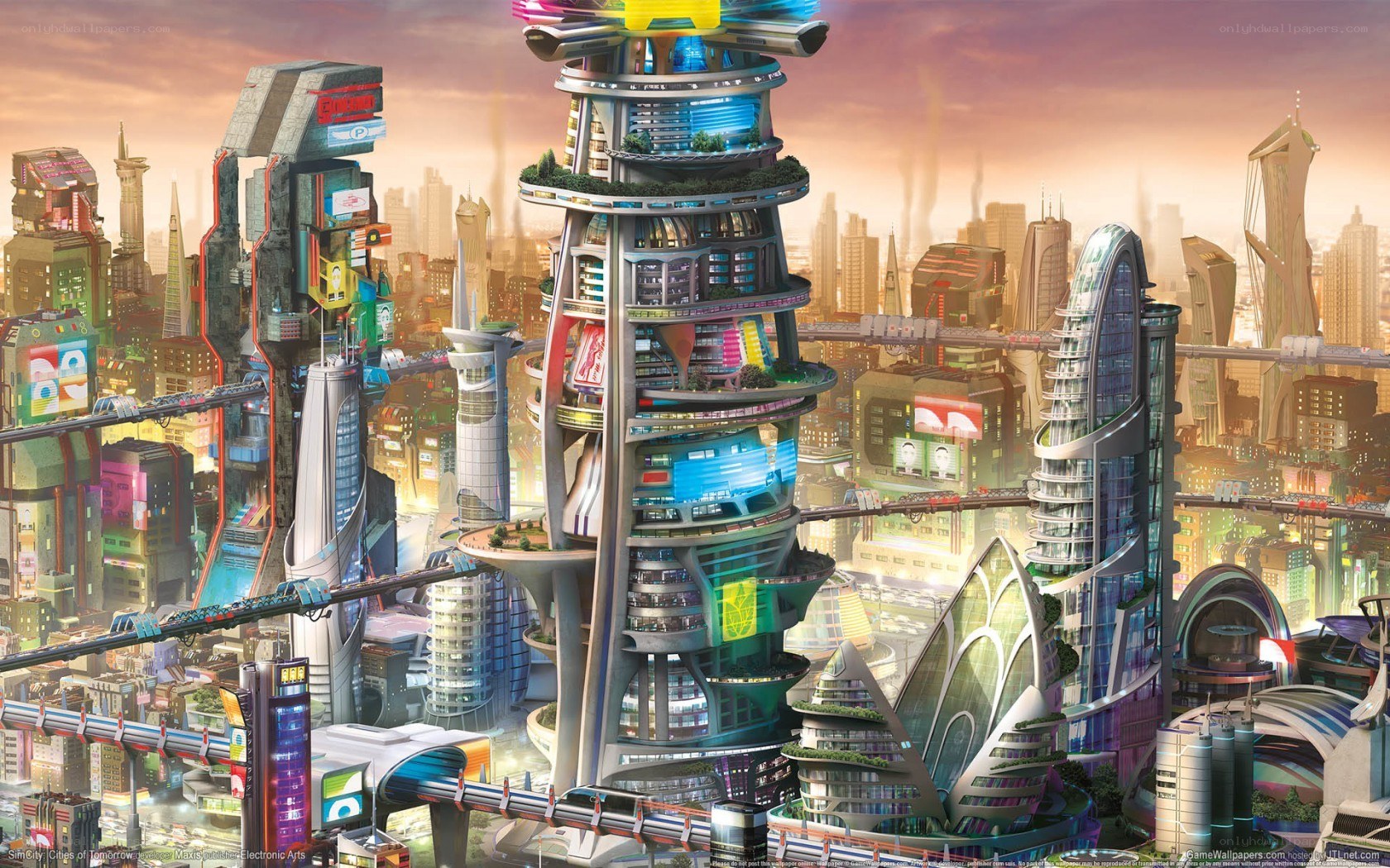 Futuristic cityscape at sunset