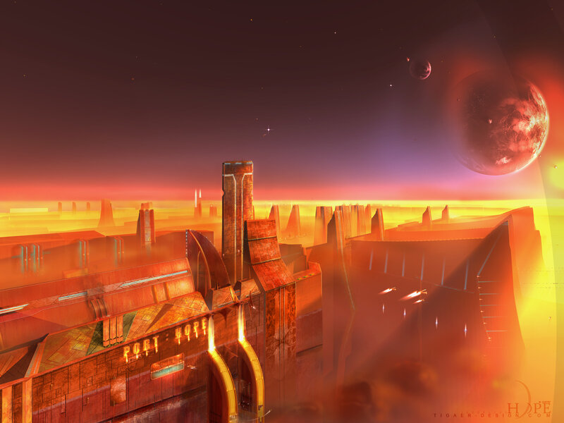 futuristic cityscape at sunset